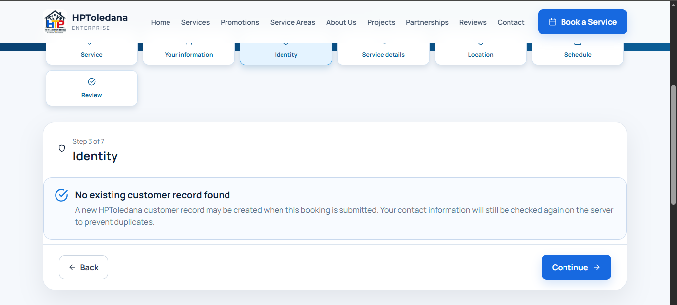 Sanitized HPToledana website booking interface