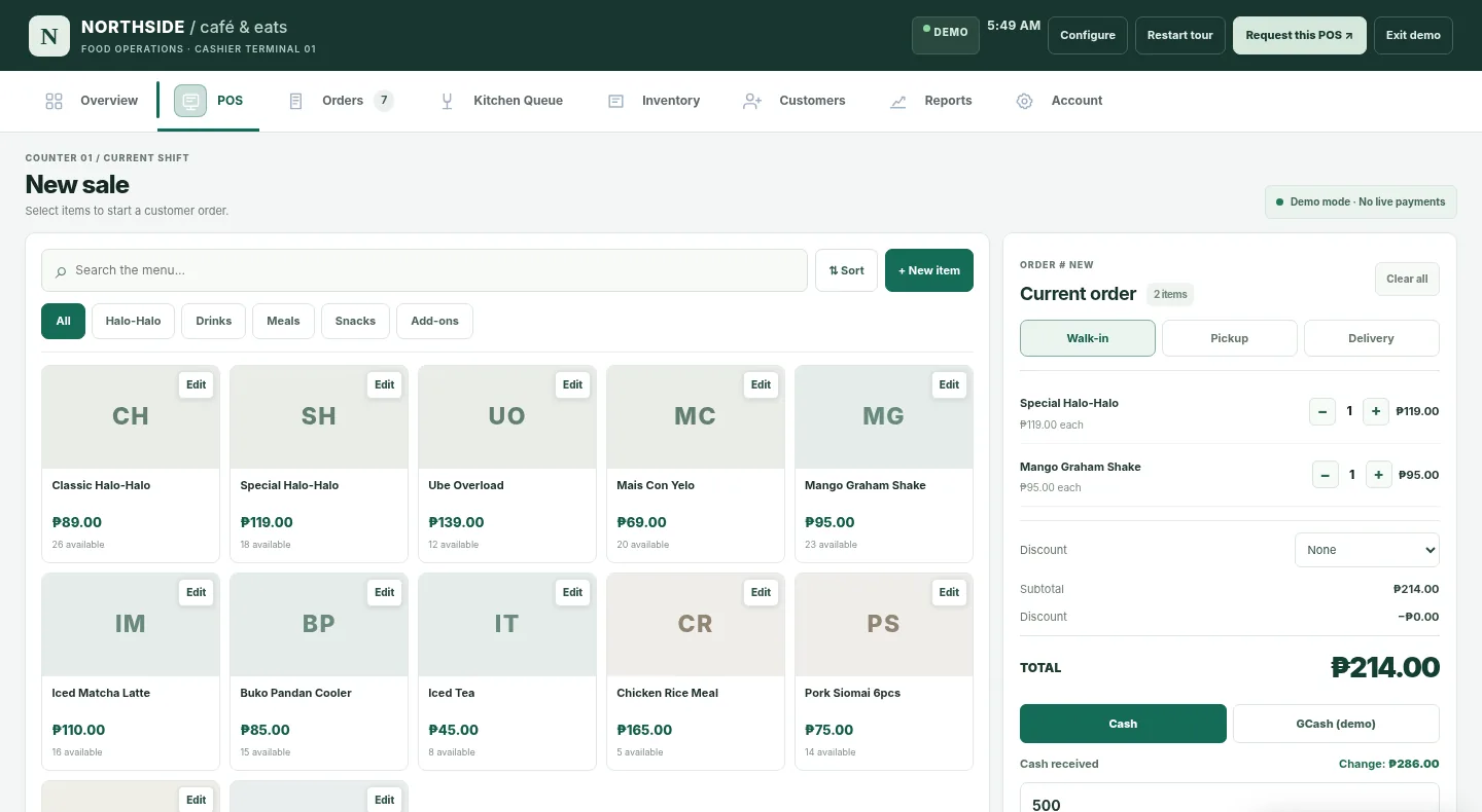 Preview of the real Food POS V3 cashier screen, with sample products and checkout panel